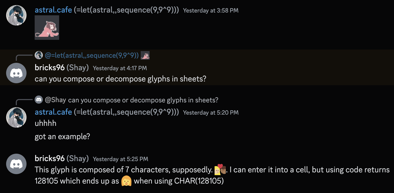 A screenshot of Shay's request, asking if you can compose/decompose glyphs.